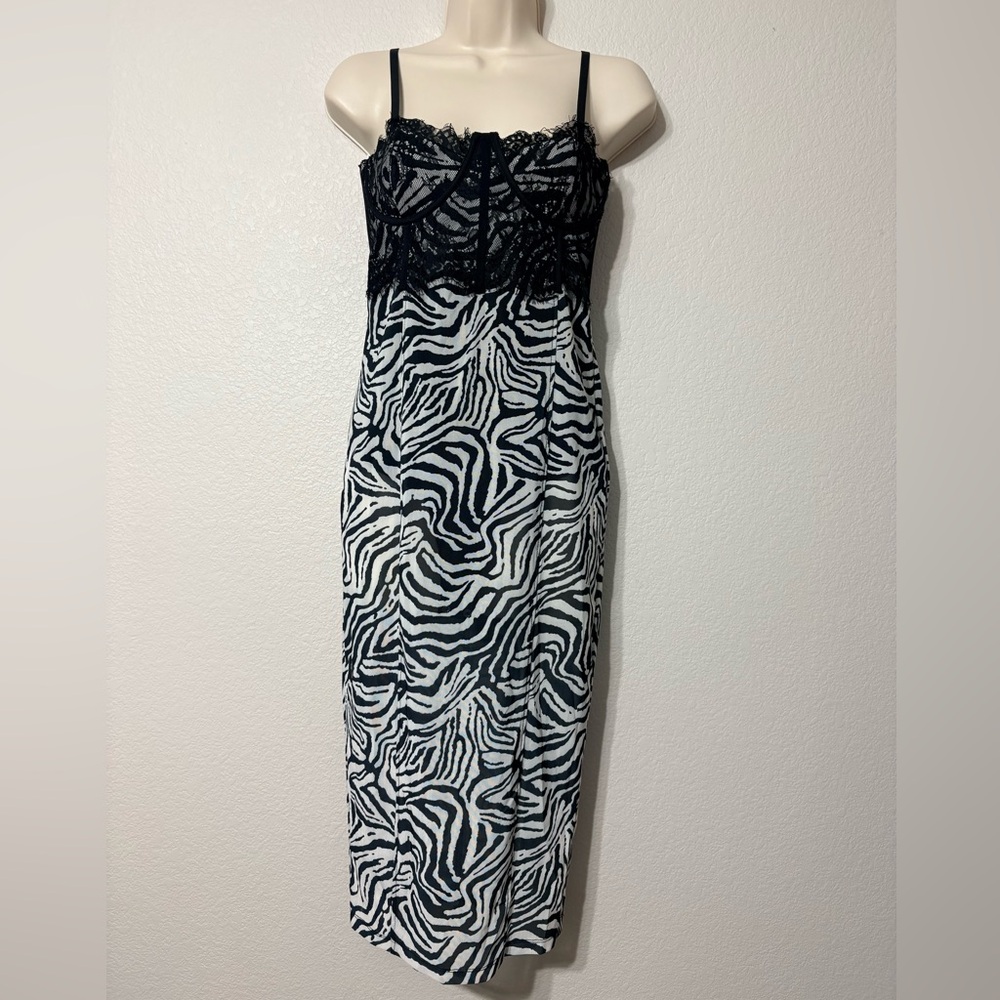Mesh Body con Semi Sheer Black White Zebra Print Dress w Bustier Type Lace Top - Picture 2 of 13